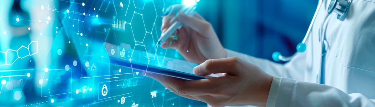 Un médico interactuando con una tablet mientras se visualizan gráficos digitales.