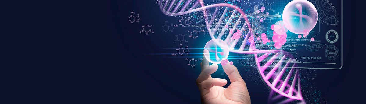 La imagen representa una mano interactuando con un modelo visual de ADN y moléculas en un fondo oscuro.