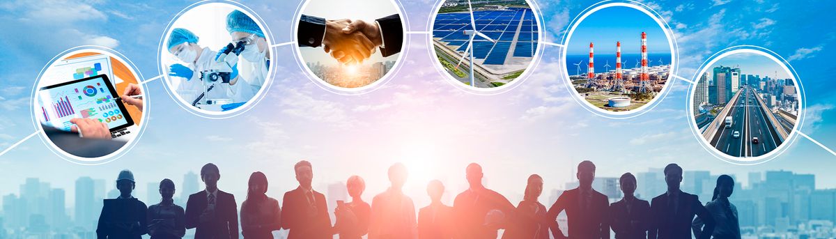 La imagen muestra siluetas de personas frente a un fondo urbano con varios iconos que representan temas como tecnología, energías renovables y negocios.