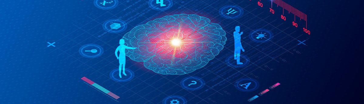 La imagen muestra una representación gráfica del cerebro humano con figuras humanas y diversos íconos relacionados con la tecnología y el conocimiento.