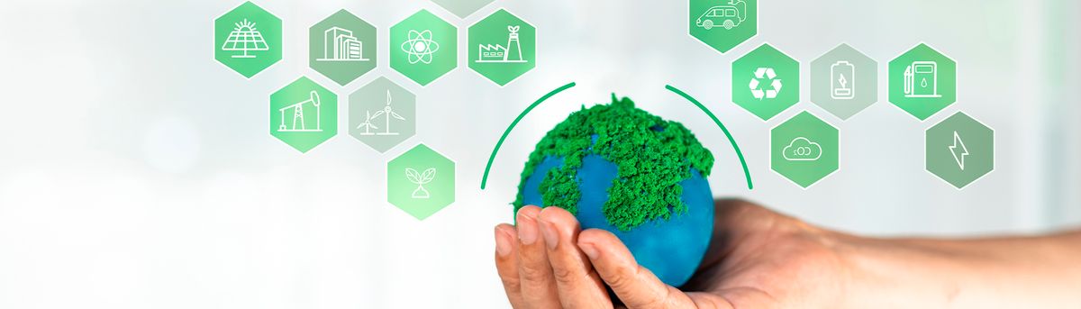 Una mano sostiene un globo terráqueo cubierto de vegetación, simbolizando la sostenibilidad y el cuidado del medio ambiente.