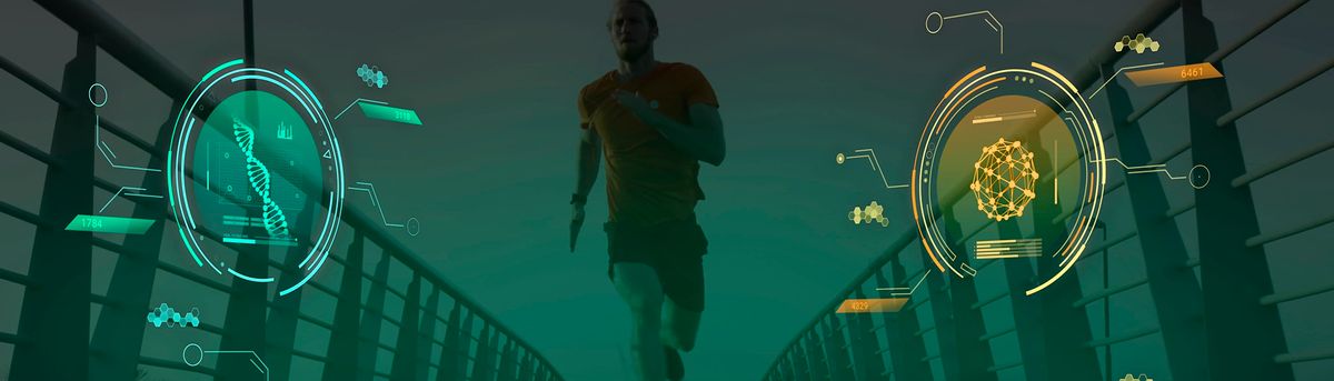 Un corredor está entrenando en un puente mientras se muestran gráficos tecnológicos a su alrededor.