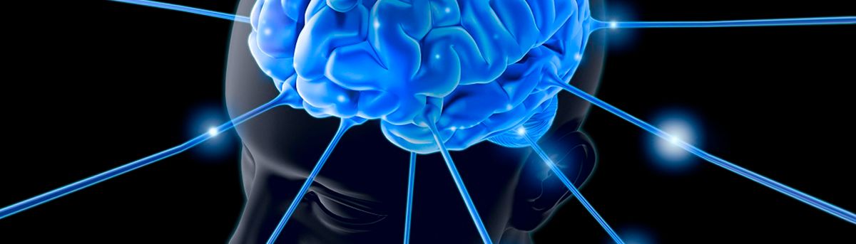 Una representación gráfica de un cerebro azul iluminado con rayos que parecen emanarlo.