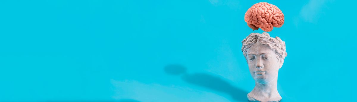 Una escultura clásica de una cabeza humana con un cerebro encima, colocada sobre un fondo azul brillante.