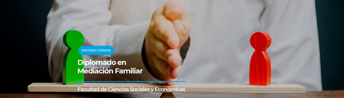 Imagen que representa un diplomado en mediación familiar con figuras de colores y una mano en acción.