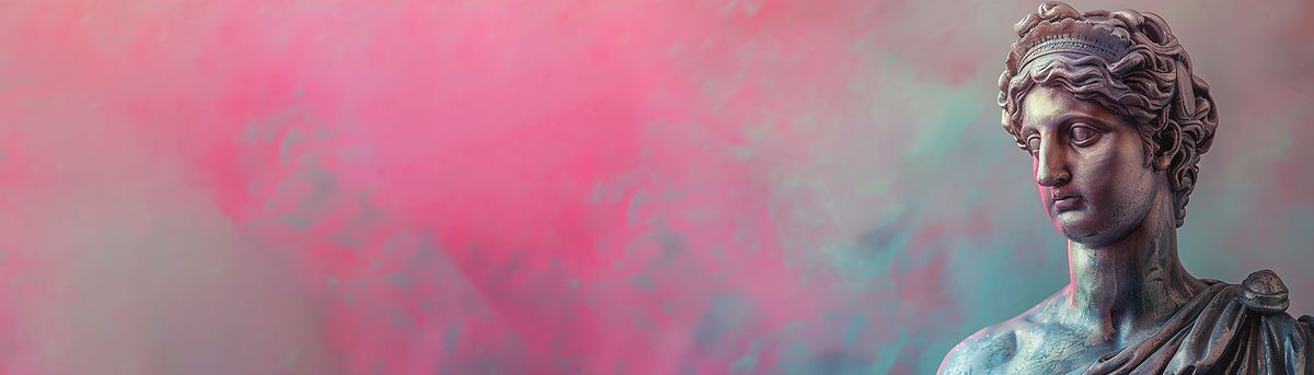 Una escultura clásica con fondo de colores vibrantes.