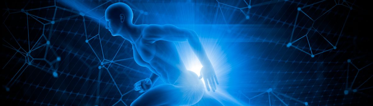 Una figura humana en movimiento rodeada de un fondo azul y patrones de conexión.