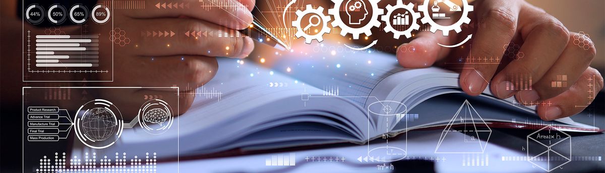 Una persona escribe en un cuaderno mientras se visualizan gráficos y símbolos digitales alrededor.