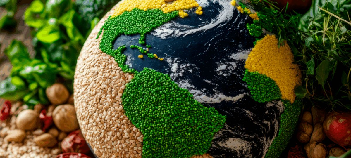 Un globo terráqueo colorido hecho de ingredientes naturales representando la Tierra.