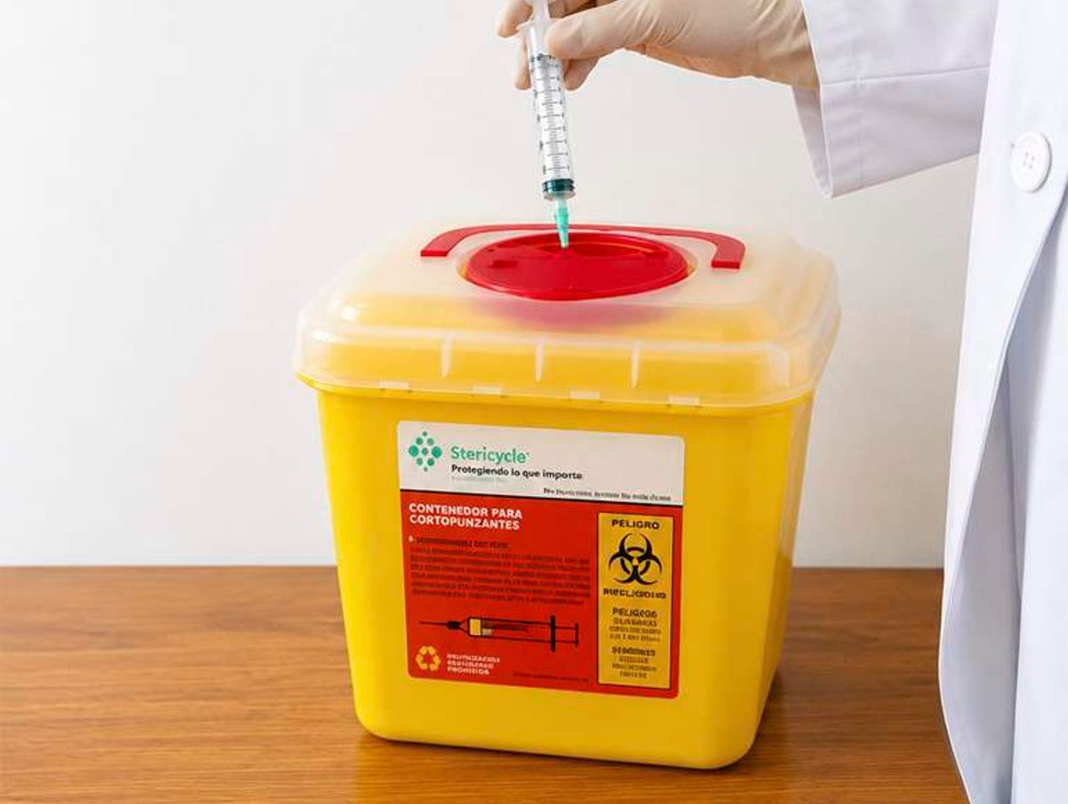 Un recipiente amarillo para desechos peligrosos, utilizado en el manejo de material cortopunzante.