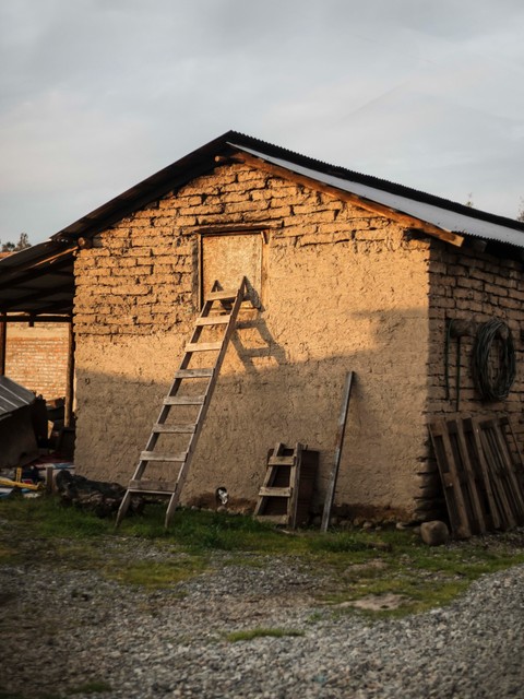 Una casa de barro con una escalera apoyada en la pared.