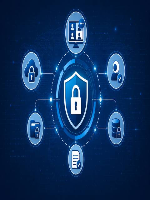 Imagen que muestra un sistema de ciberseguridad con íconos relacionados a la protección de datos.