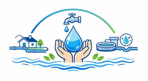 La imagen ilustra la importancia del agua en la vida cotidiana, destacando su uso en hogares y su tratamiento.