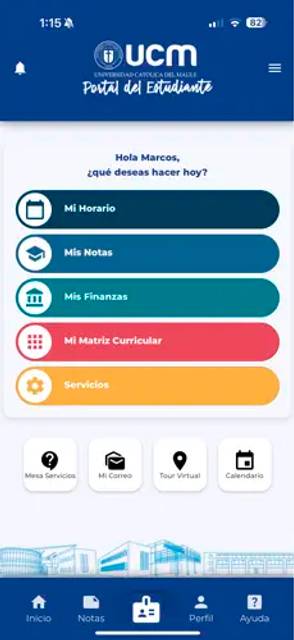 Interfaz del portal del estudiante de la UCM donde se ofrecen diversas opciones académicas.
