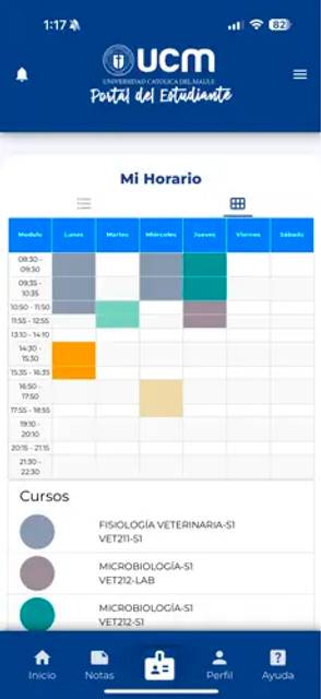 Pantalla de horario académico de un estudiante en la UCM.