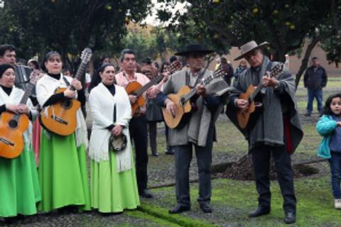 Un grupo de músicos tradicionalmente vestidos toca guitarras en un ambiente festivo al aire libre.