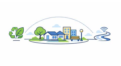 Una ilustración que muestra un entorno urbano sostenible con árboles, casas y tecnología.