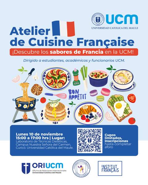 Un afiche promocional del taller de cocina francesa en la UCM, invitando a descubrir los sabores de Francia.