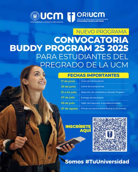 Convocatoria para el programa Buddy 2025 de la UCM, destacando fechas y la invitación para inscribirse.