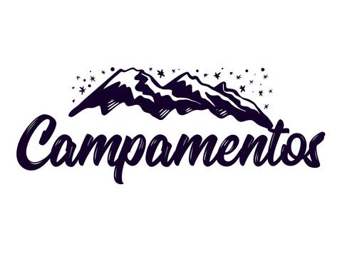 Una representación gráfica de la palabra 'Campamentos' con montañas y estrellas de fondo.
