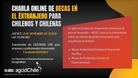 Invitación a una charla online sobre becas en el extranjero para chilenos y chilenas.