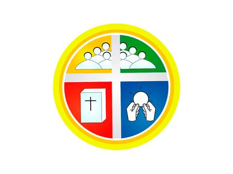 Este logo representa la comunidad y la fe en un diseño colorido y simbólico.