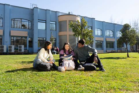 Tres estudiantes se encuentran sentados en el césped de una institución educativa, revisando material de estudio en un día soleado.