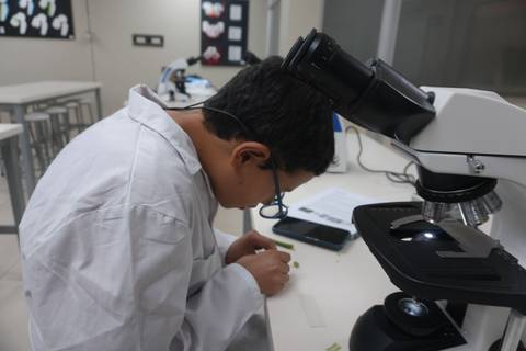 Un cabro chico en un laboratorio observa muestras con un microscopio.