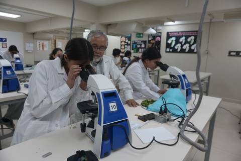 Un grupo de estudiantes en un laboratorio de biología observando muestras bajo microscopios.