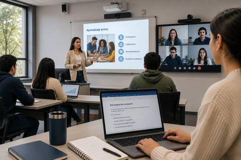Una profesora está explicando conceptos sobre aprendizaje activo a un grupo de estudiantes en un aula moderna.