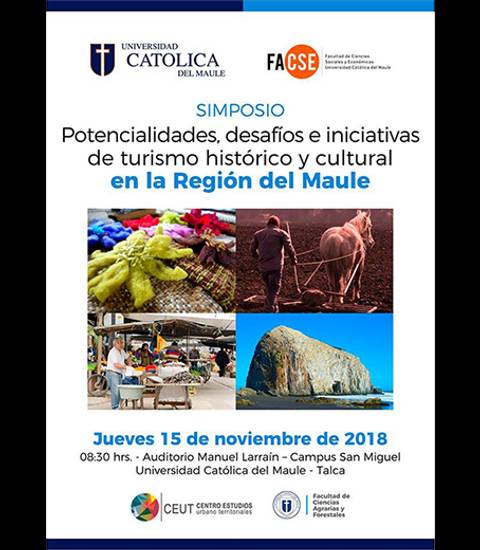 El cartel promocional de un simposio sobre turismo histórico y cultural en la Región del Maule.