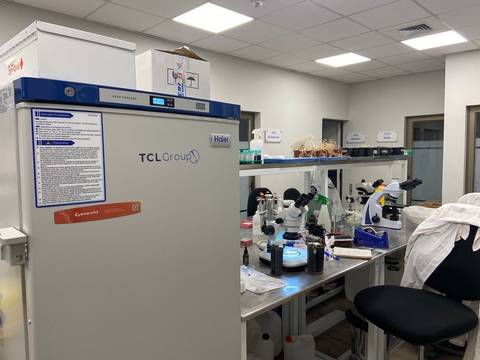 Un laboratorio equipado con microscopios y un congelador en un ambiente luminoso.