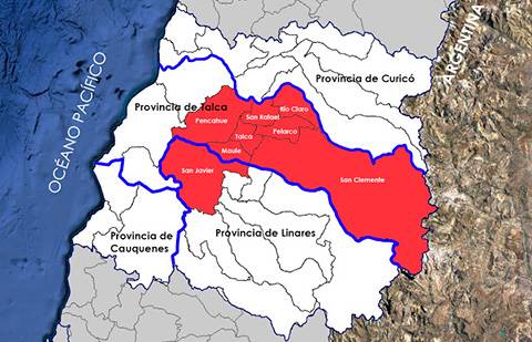 Mapa de la región de Maule en Chile, destacando las provincias y comunas en color rojo.