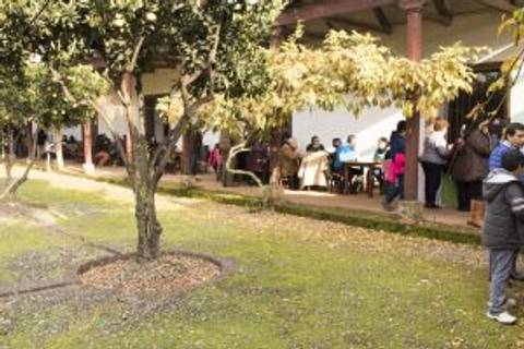 Una escena al aire libre en un jardín con varias personas conversando y disfrutando de un ambiente tranquilo.