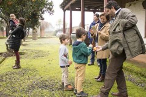Un grupo de adultos y niños interactúa en un jardín, disfrutando de un momento de convivencia familiar.