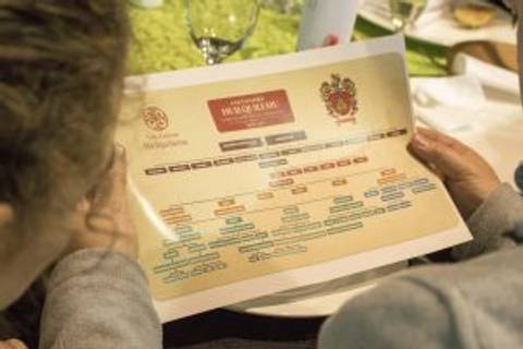 Una persona observa un documento impreso con un organigrama y emblemas en un entorno social.