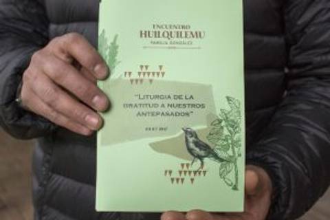 Una persona sostiene un folleto de color verde que lleva un título y una ilustración de un pájaro.