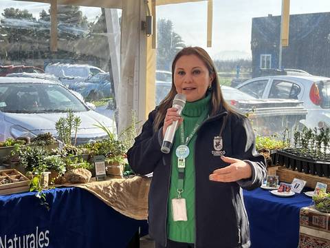 Una mujer habla animadamente frente a un público en un evento de plantas en Curacautín.