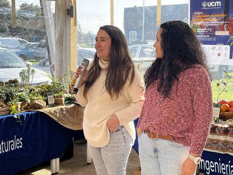 Dos mujeres están conversando en un evento al aire libre mientras se muestran productos naturales.