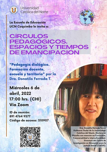 Anuncio de un evento sobre círculos pedagógicos y espacios de emancipación impartido por la Dra. Donatila Ferrada.