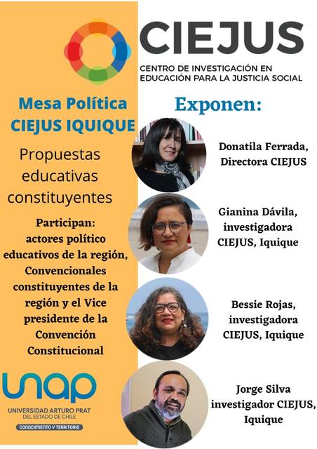 Una imagen que presenta una mesa política del CIEJUS Iquique con diversas expositoras y un expositor relacionados con propuestas educativas constituyentes.