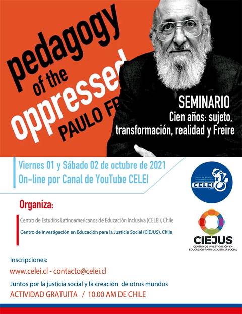 Anuncio de un seminario online sobre la pedagogía de Paulo Freire.