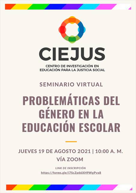 Cartel de un seminario virtual sobre problemáticas del género en la educación escolar.