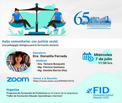 Anuncio de un evento académico sobre aulas comunitarias con justicia social.