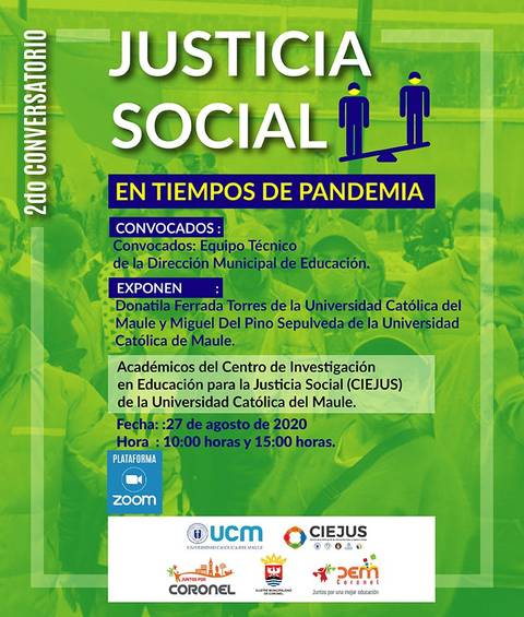 Un cartel promocional para un conversatorio sobre justicia social en tiempos de pandemia.