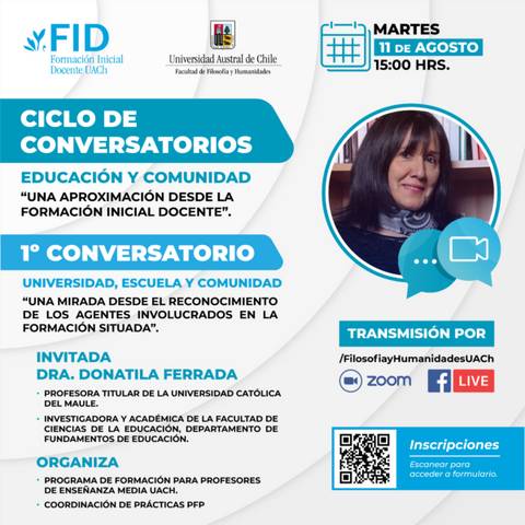 La imagen promociona un ciclo de conversatorios sobre educación y comunidad, destacando la participación de la Dra. Donatila Ferrada.