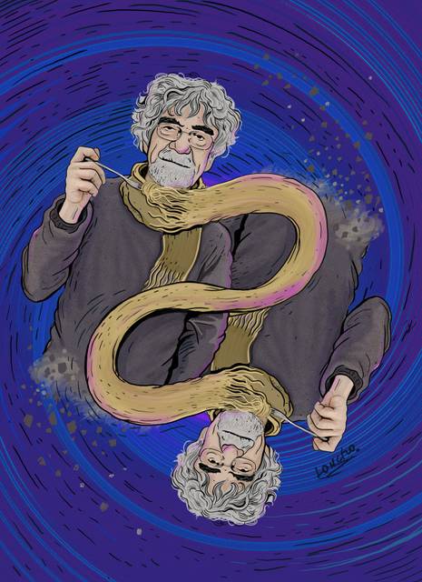 Un hombre mayor con cabello rizado y gafas sostiene una serpiente en un fondo psicodélico.