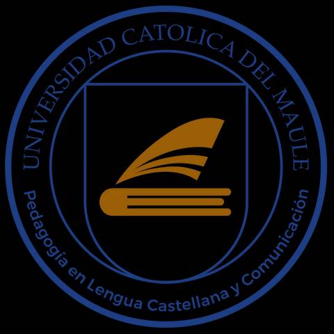Escudo de la Universidad Católica del Maule con un libro y pluma.
