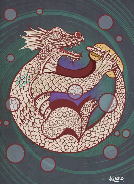 Un dragón chileno disfrutando de un completo en un fondo colorido.