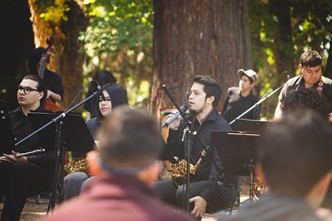 Un grupo de músicos interpreta en un bosque mientras el público los escucha atentamente.